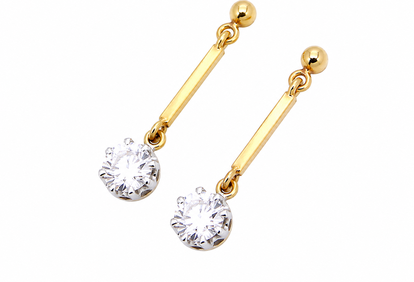 side view A fine pair of 18 carat yellow gold drop earrings.
Each modern brilliant cut white diamond measures 5mm (est half a carat each), claw set.