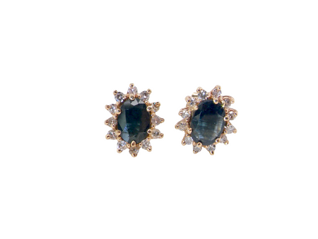 Pair of earrings with blue gemstones and gold accents on a white background