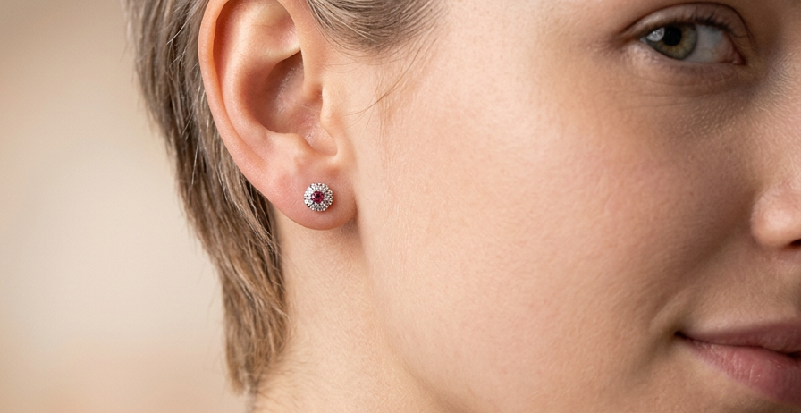 model A fine pair of cluster earrings. Features to the centre a round 4.6mm pink sapphire (est 0.38 carats) with a good deep colour hue.