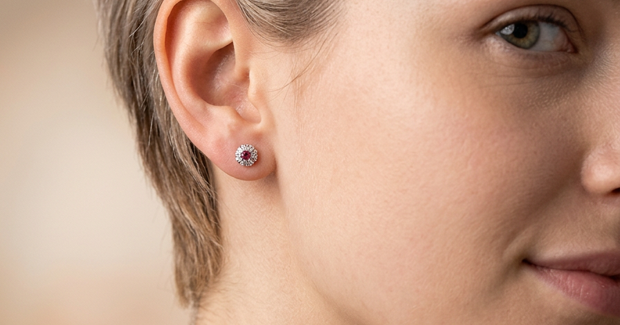 model A fine pair of cluster earrings. Features to the centre a round 4.6mm pink sapphire (est 0.38 carats) with a good deep colour hue.