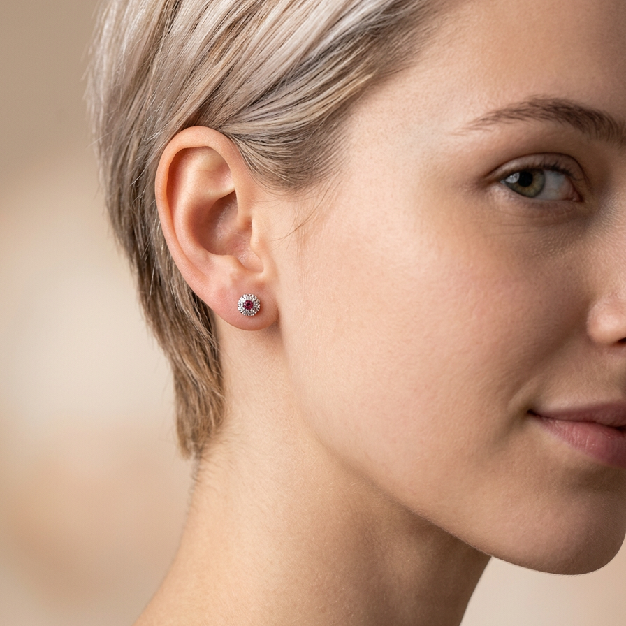 model A fine pair of cluster earrings. Features to the centre a round 4.6mm pink sapphire (est 0.38 carats) with a good deep colour hue.