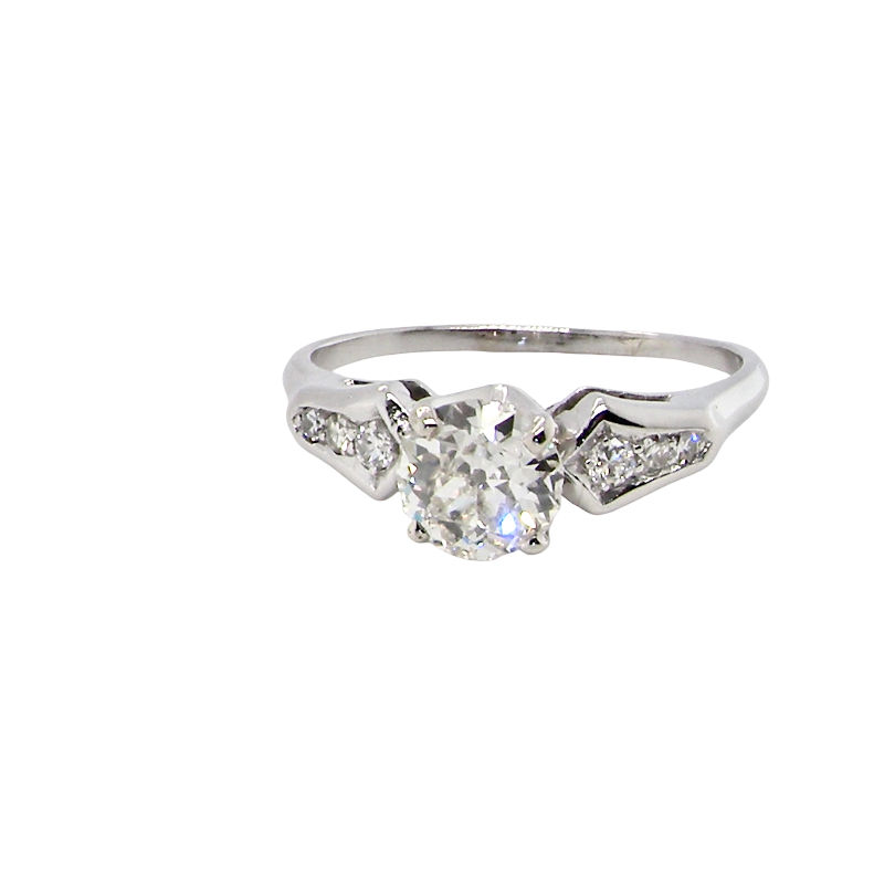 A fine solitaire ring featuring an e lovely brilliant cut white diamond. Measures 6.3mm (est 0.85 carats) very bright white stone, colour H-i, clarity VS. Head depth 7mm. 