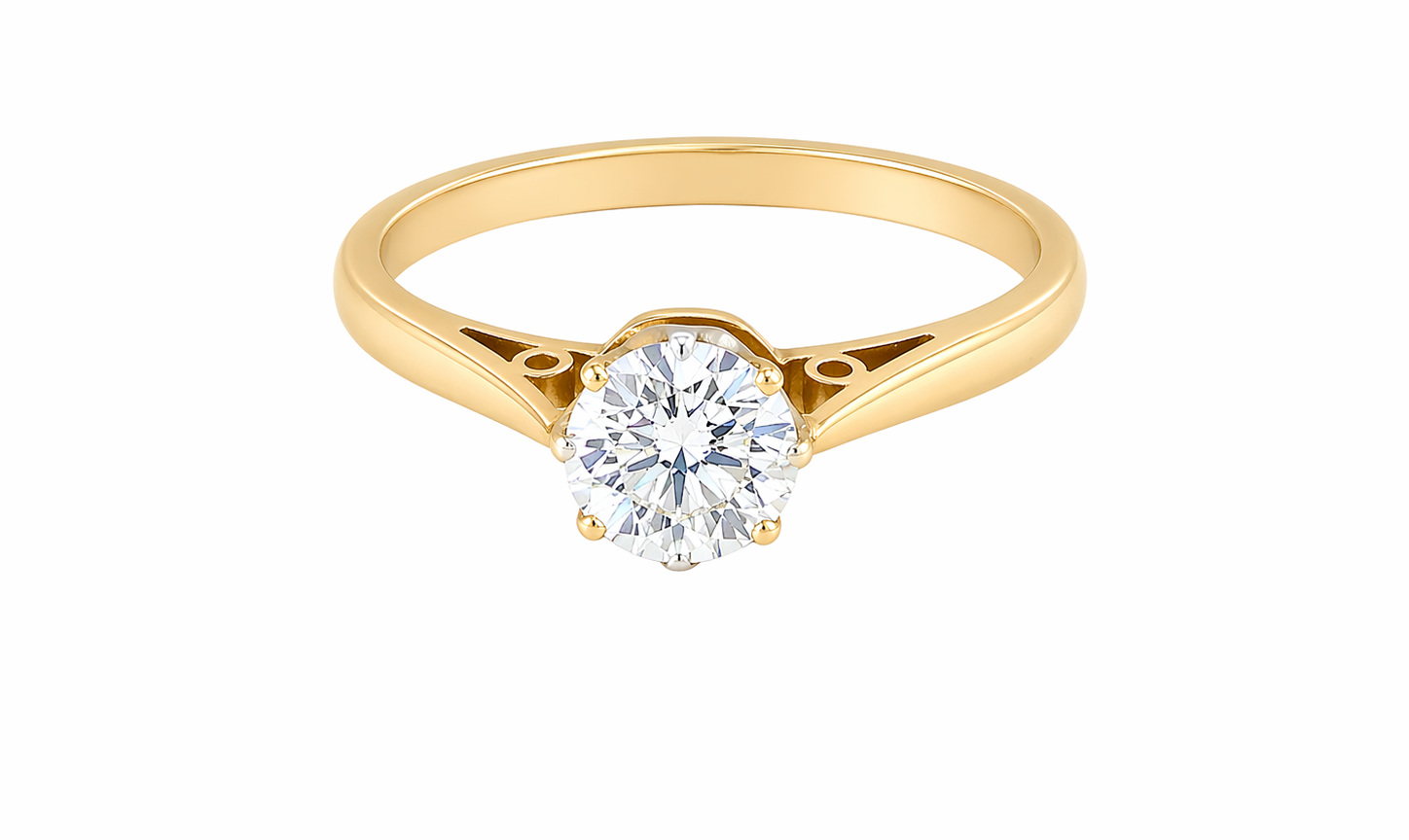 A fine solitaire ring set with a brilliant cut white diamond.
Certificated and therefore the description is confirmed. Size 5.5x5.2mm, 0.70 carats. Colour G, clarity Si1.
