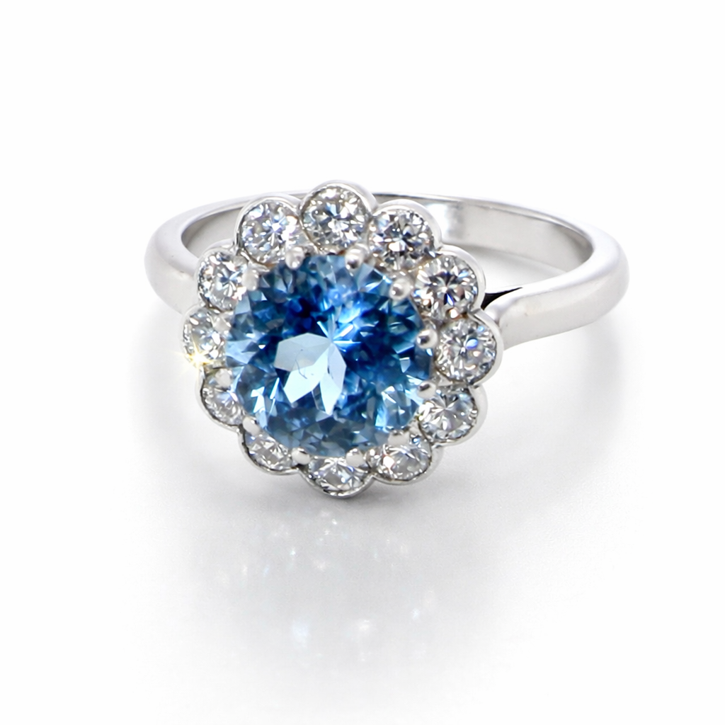 A fine vintage cluster ring centred with a deep blue aquamarine, measuring approximately 8mm and estimated at 2 carats, securely claw set.
