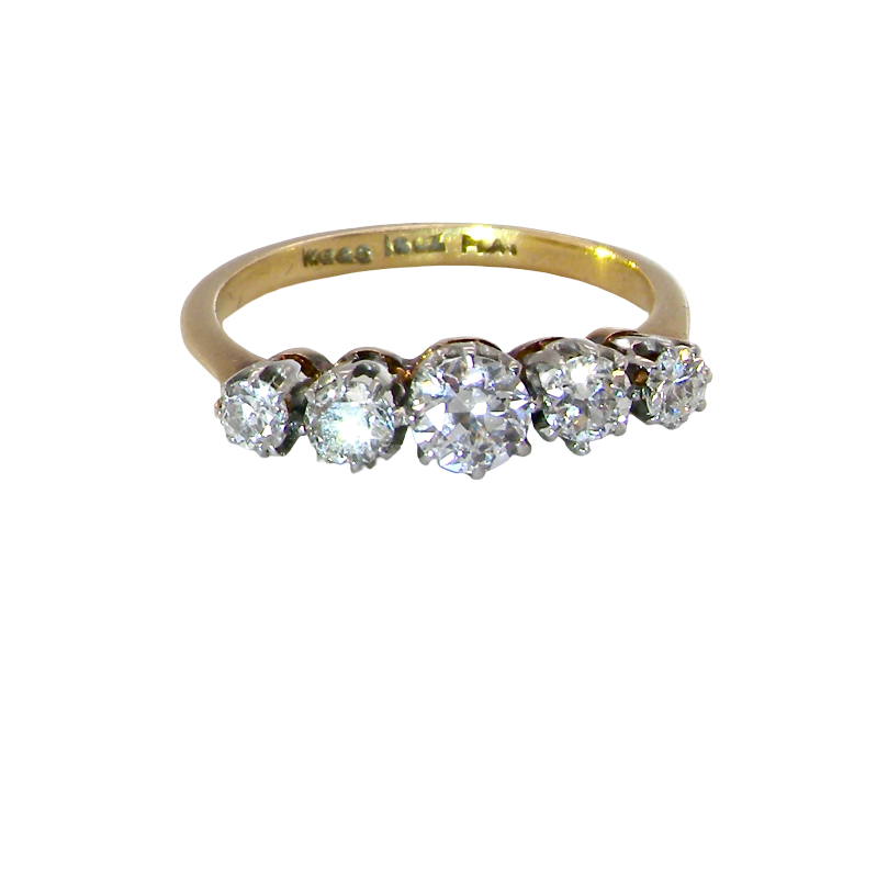 A yellow gold five-stone diamond ring with a graduated round diamond setting, shown on a plain white background.