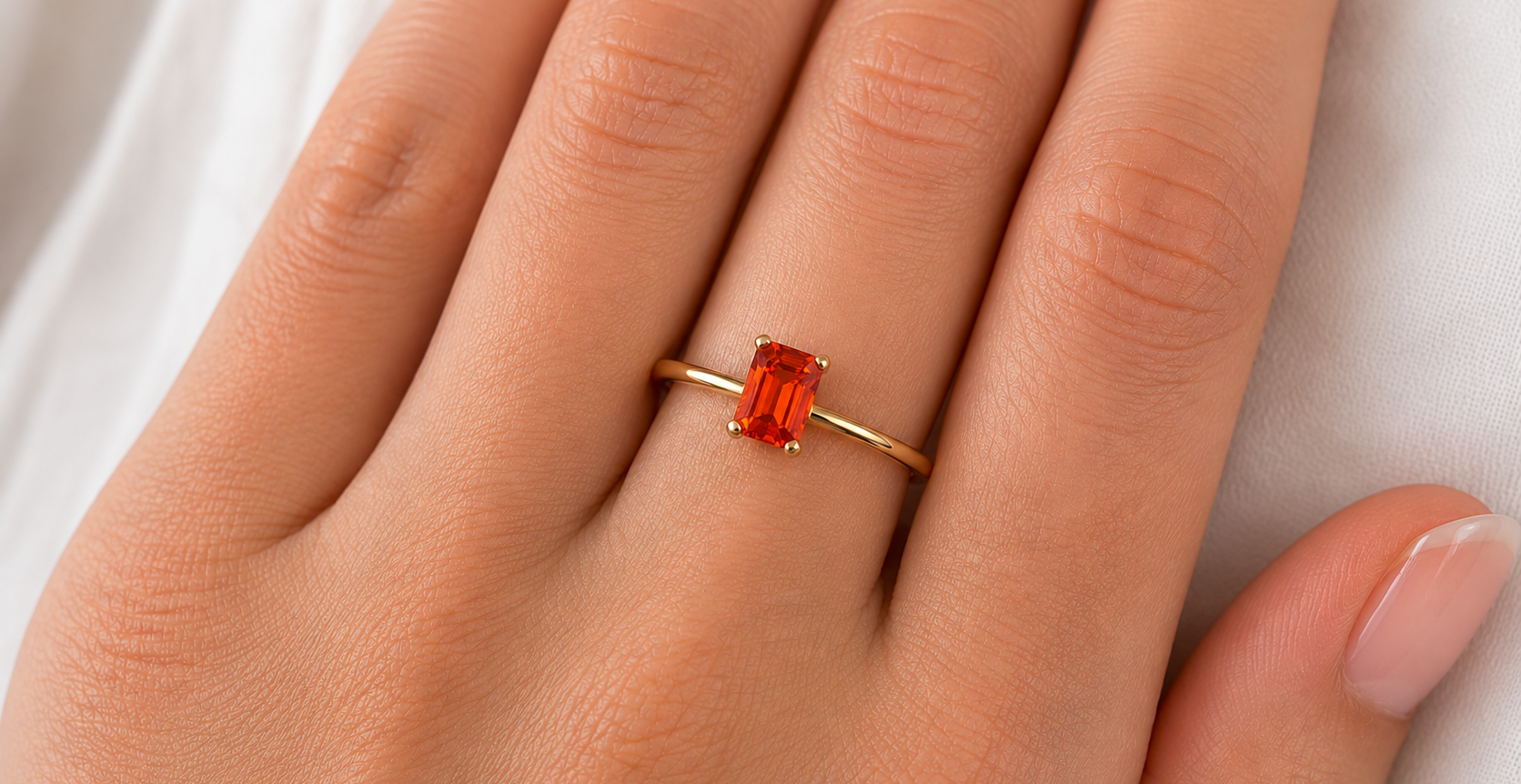 A rectangular fire opal solitaire ring on a hand