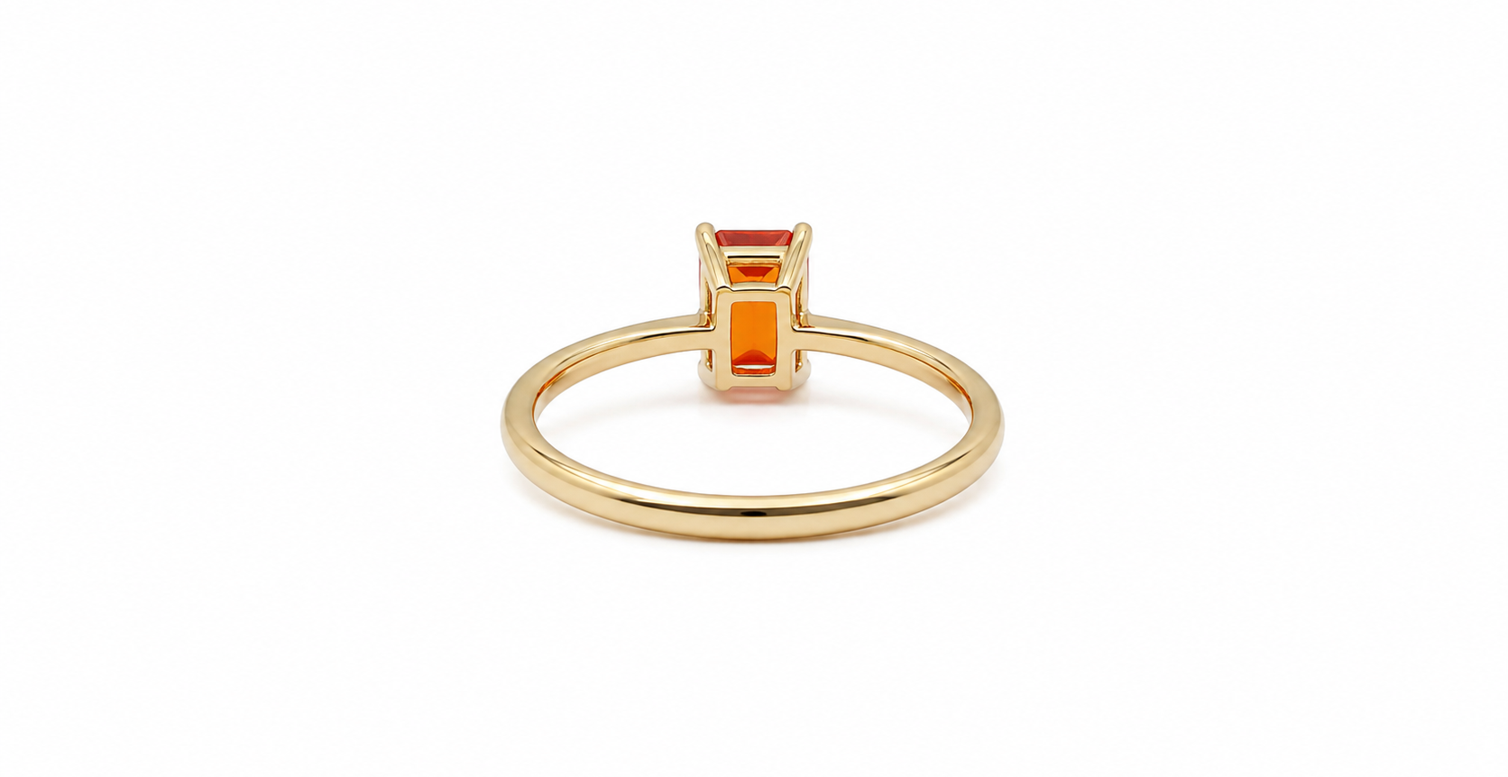 A rectangular fire opal solitaire ring rear view