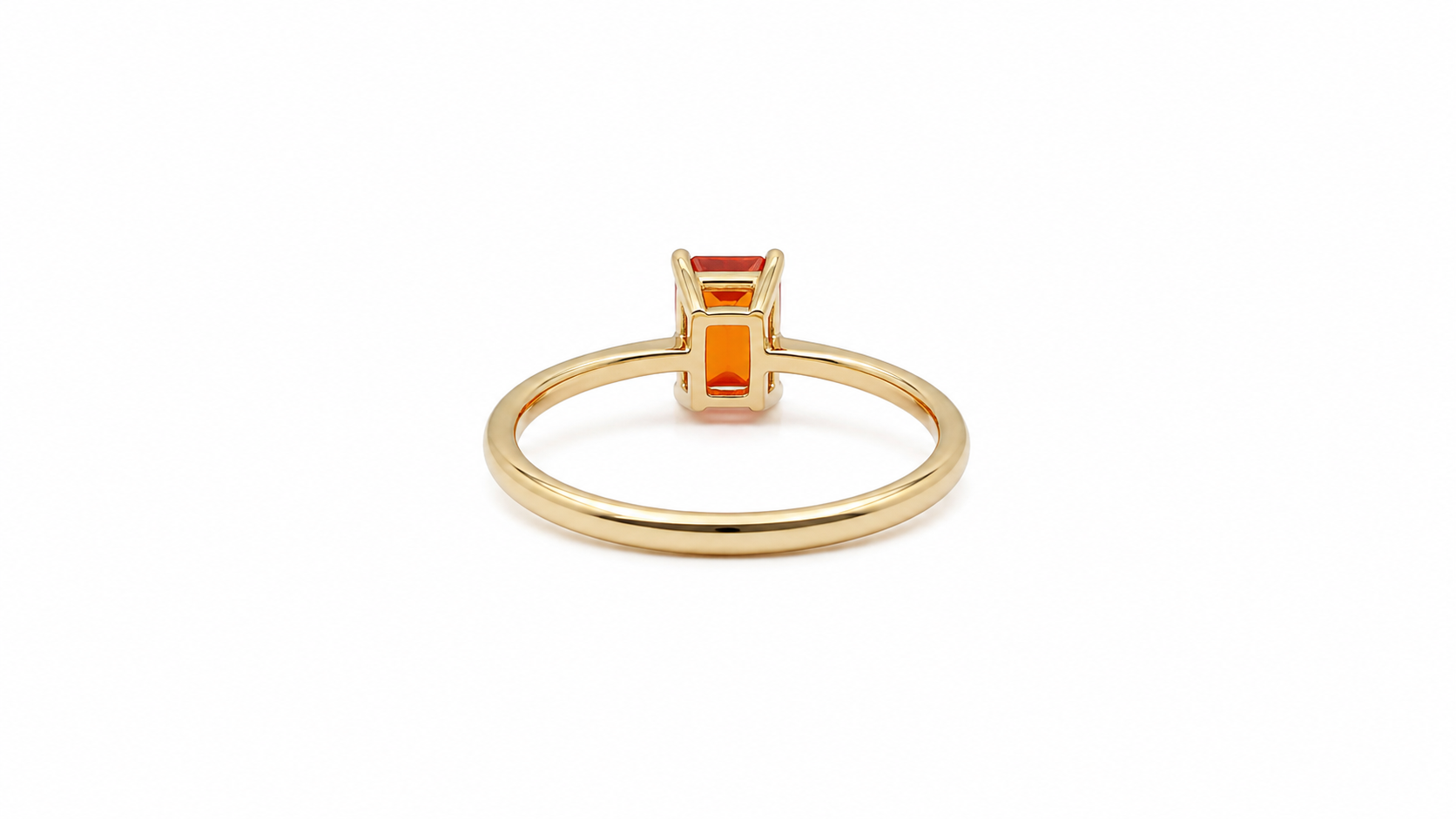 A rectangular fire opal solitaire ring rear view