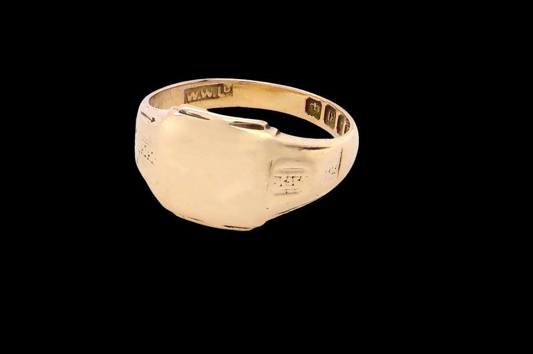 A gentleman's 18 carat gold signet ring. Cushion shaped head, plain and suitable for engraving, measures 11x11mm. 7.2 grams. 