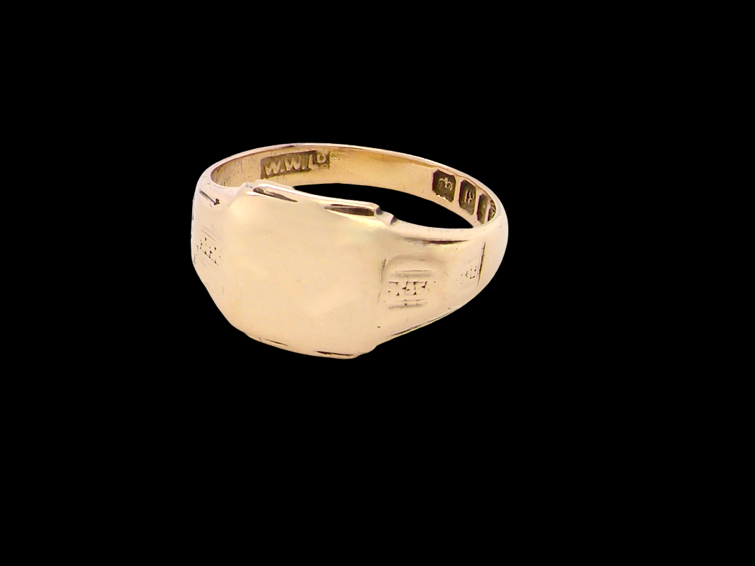 A gentleman's 18 carat gold signet ring. Cushion shaped head, plain and suitable for engraving, measures 11x11mm. 7.2 grams. 
