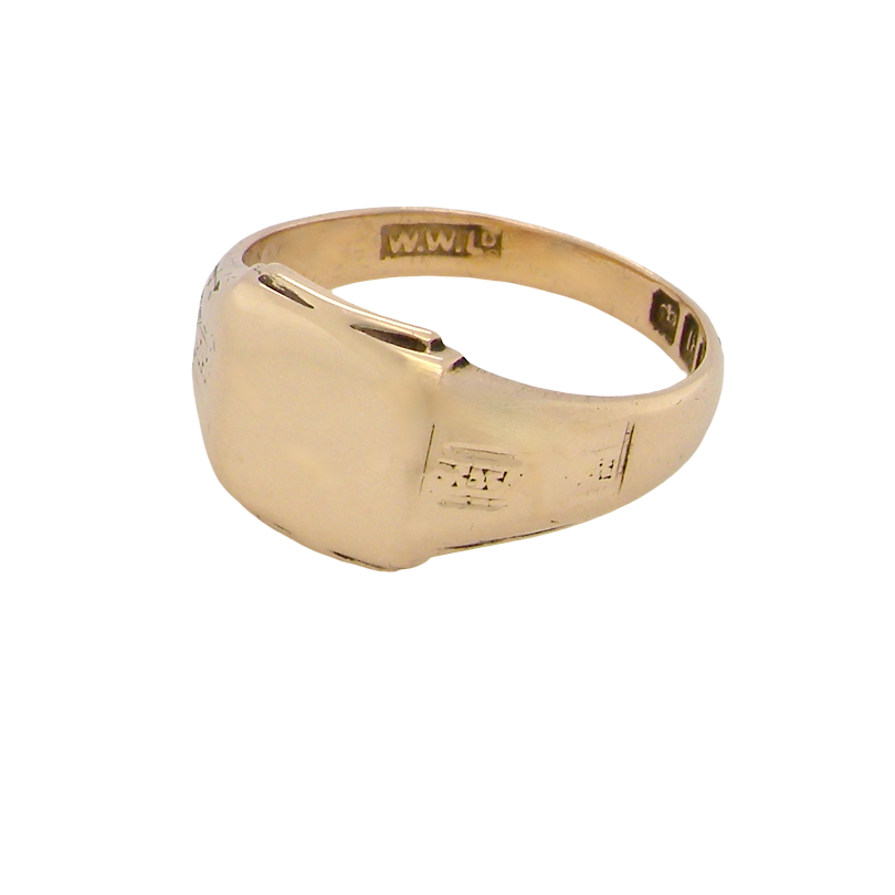 A gentleman's 18 carat gold signet ring. Cushion shaped head, plain and suitable for engraving, measures 11x11mm. Weight 7.2 grams. 