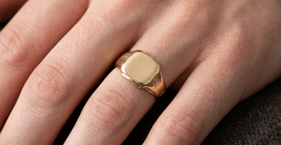 hand A gentleman's 18 carat gold signet ring. Cushion shaped head, plain and suitable for engraving, measures 11x11mm. Weight 7.2 grams. 