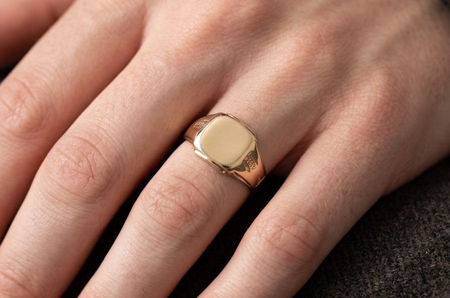 hand A gentleman's 18 carat gold signet ring. Cushion shaped head, plain and suitable for engraving, measures 11x11mm. Weight 7.2 grams. 