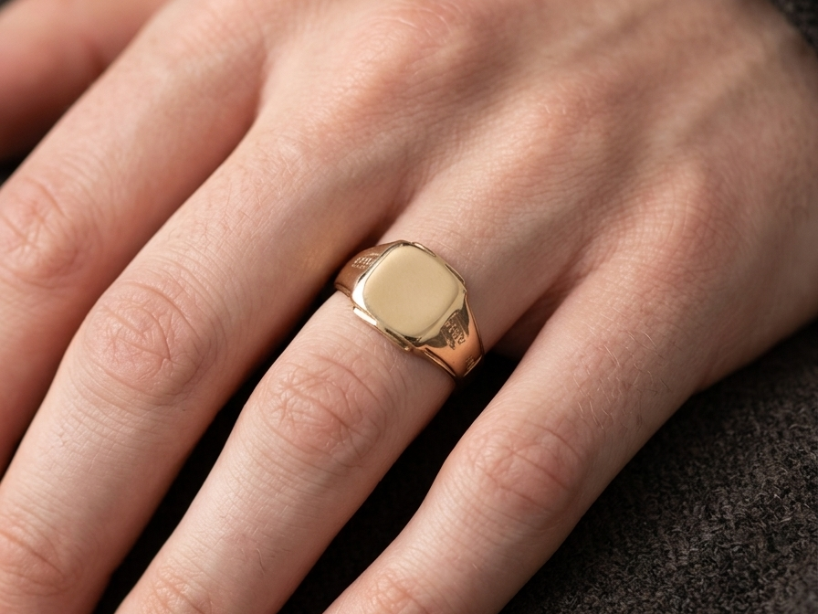 hand A gentleman's 18 carat gold signet ring. Cushion shaped head, plain and suitable for engraving, measures 11x11mm. Weight 7.2 grams. 