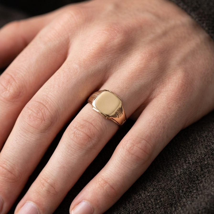 hand A gentleman's 18 carat gold signet ring. Cushion shaped head, plain and suitable for engraving, measures 11x11mm. Weight 7.2 grams. 