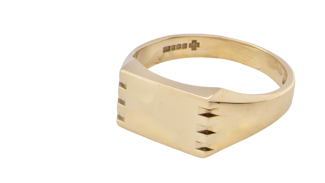 A gentleman's 9 carat gold signet ring. Rectangular shaped head, plain polished surface
