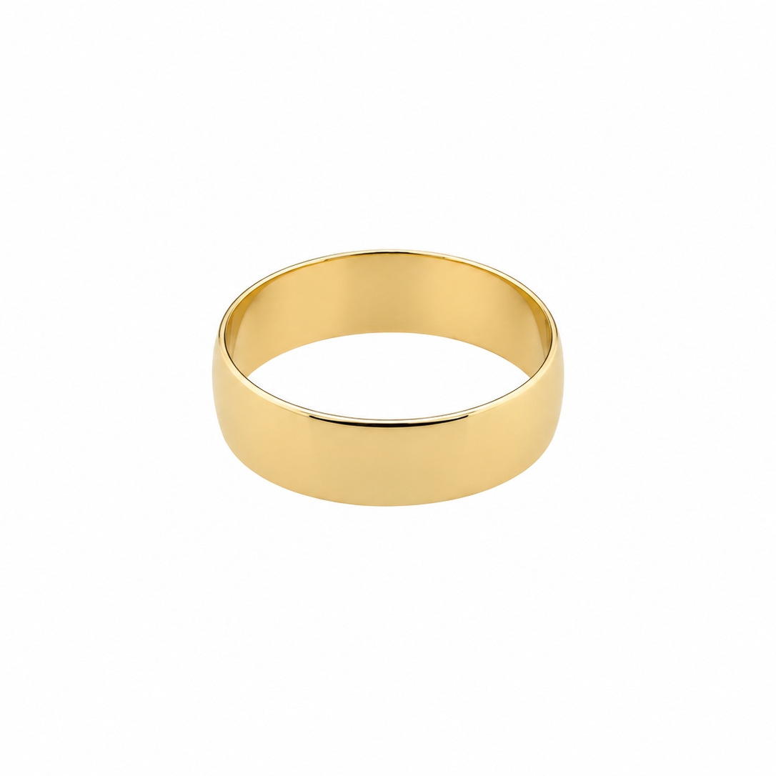 A classic yellow gold band ring with a smooth, polished finish, centered on a solid white background.