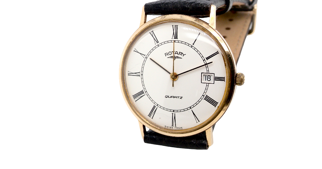 A gentleman's 9 carat gold wrist watch. Plain white dial with roman numerals, sweep seconds hand, and a calendar date window.
Case measures 32mm. Quartz movement. Signed by Rotary.