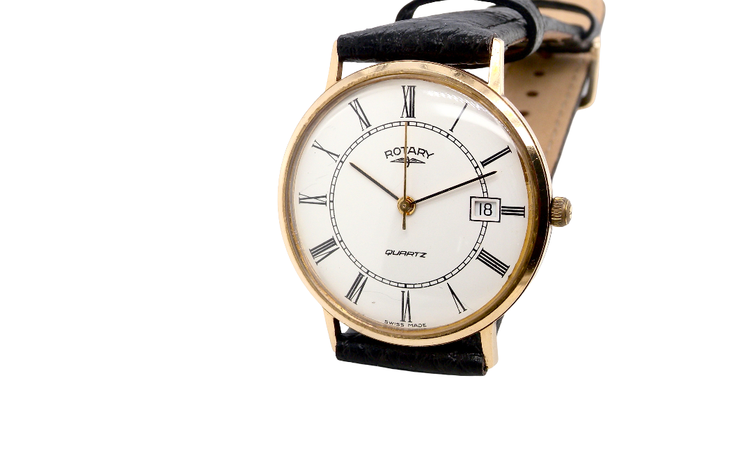 A gentleman's 9 carat gold wrist watch. Plain white dial with roman numerals, sweep seconds hand, and a calendar date window.
Case measures 32mm. Quartz movement. Signed by Rotary.