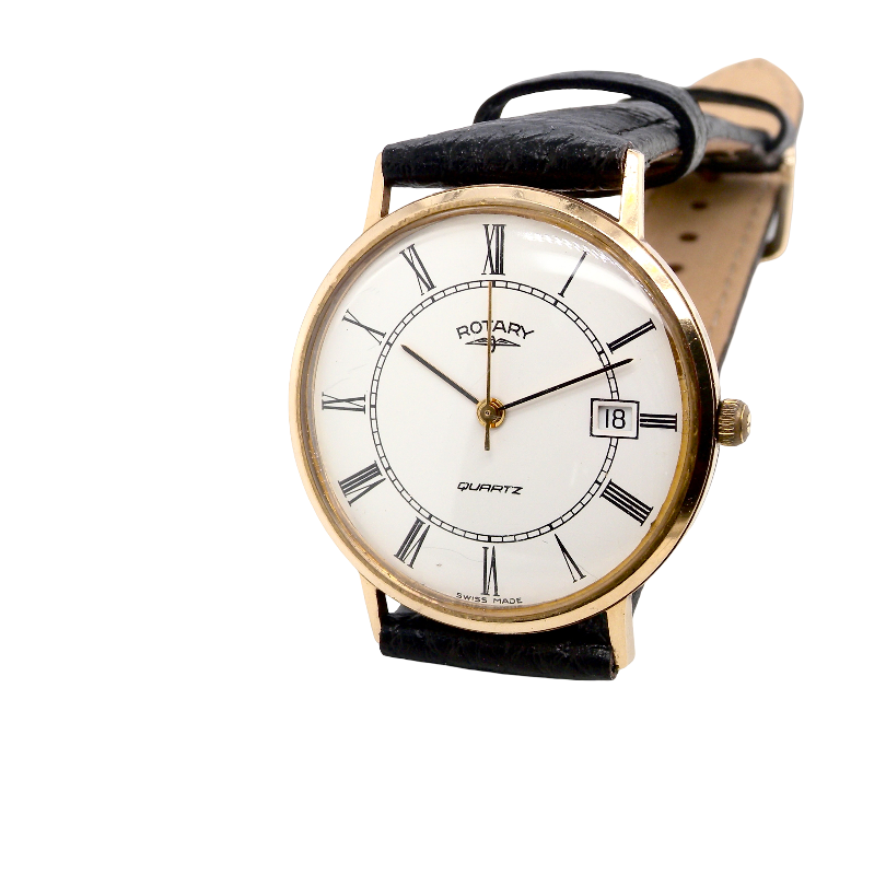 A gentleman's 9 carat gold wrist watch. Plain white dial with roman numerals, sweep seconds hand, and a calendar date window.
Case measures 32mm. Quartz movement. Signed by Rotary.