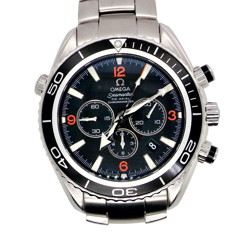 Omega Seamaster Swimmer's watch with a stainless steel bracelet, black dial, and black rotating bezel with white and orange markings.