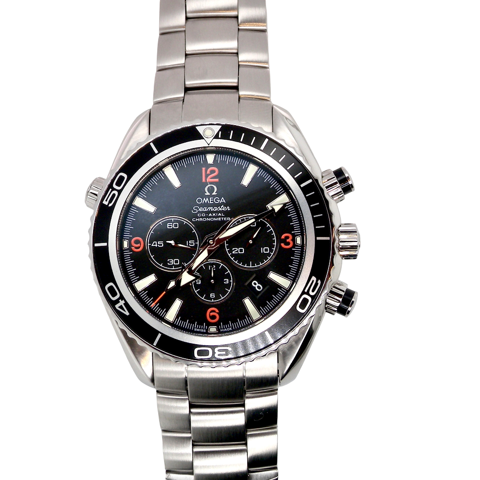 Omega x Swatch Speedmaster Cosmograph Daytona watch with a stainless steel link bracelet, black dial, and black rotating bezel.