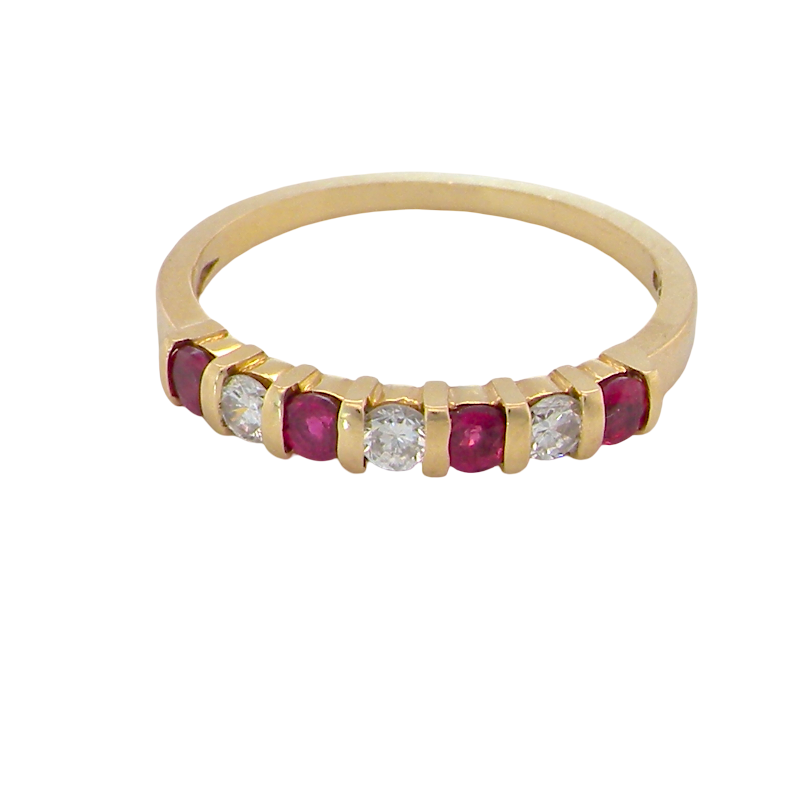A half hoop 18 carat yellow gold eternity ring. Set with four bright red rubies, each 2.6mm (total carat weight 0.28