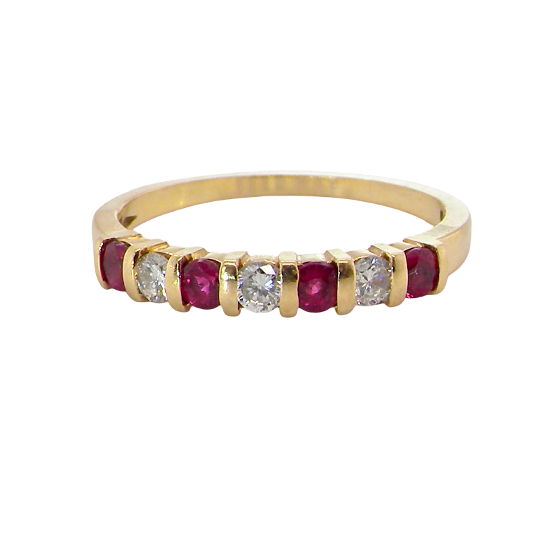 A half hoop 18 carat yellow gold eternity ring. Set with four bright red rubies, each 2.6mm (total carat weight 0.28 est)