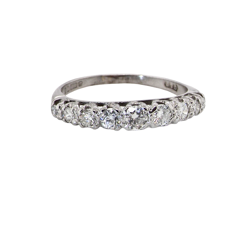 A diamond eternity ring with a row of round-cut diamonds set in a polished band, shown on a plain white background.
