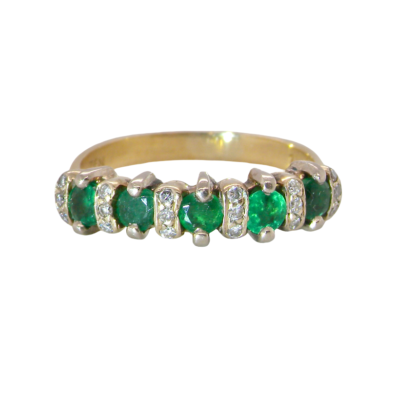 A half hoop ring, stamped 750 (testing as 18 carat gold)
Set with alternate gemstones, five emeralds