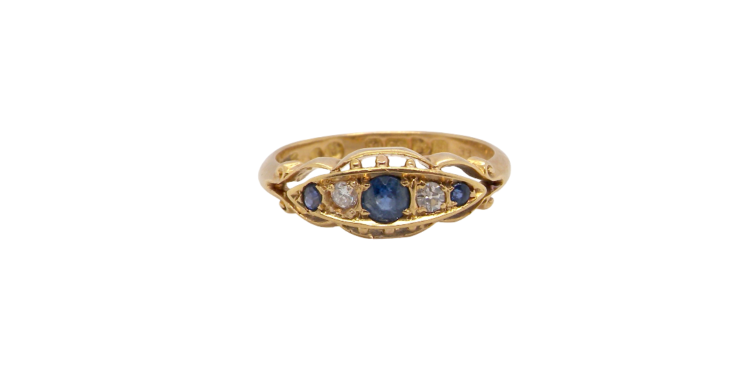 A lovely antique ring from the Edwardian period. Hallmarked in Chester in 1909 this ring typical for the period is set with sapphires and diamonds.