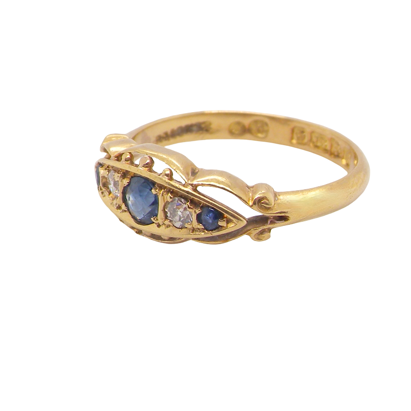 A lovely antique ring from the Edwardian period. Hallmarked in Chester in 1909 this ring typical for the period is set with sapphires and diamonds.
side