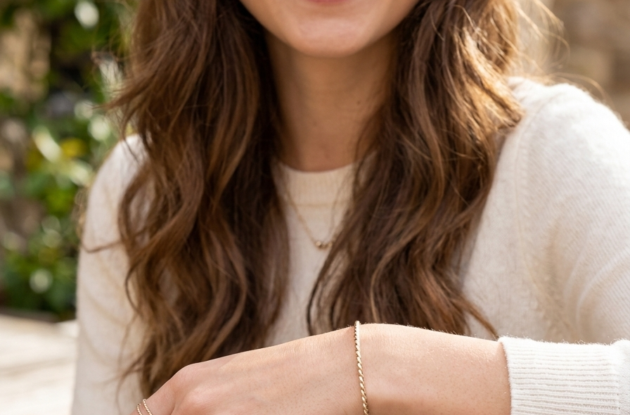 A lovely 9 carat gold wrist bangle . Barley twist design, solid not hollow, just under 2mm width.
model