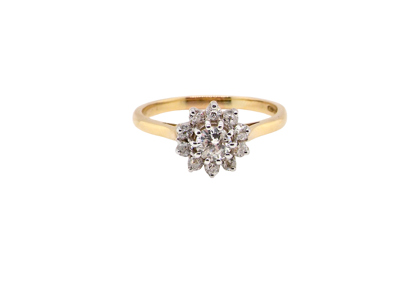 A lovely well proportioned cluster ring. Features to the centre a 5mm brilliant cut white diamond