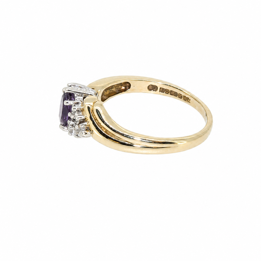 Side view of amethyst and diamond cluster ring