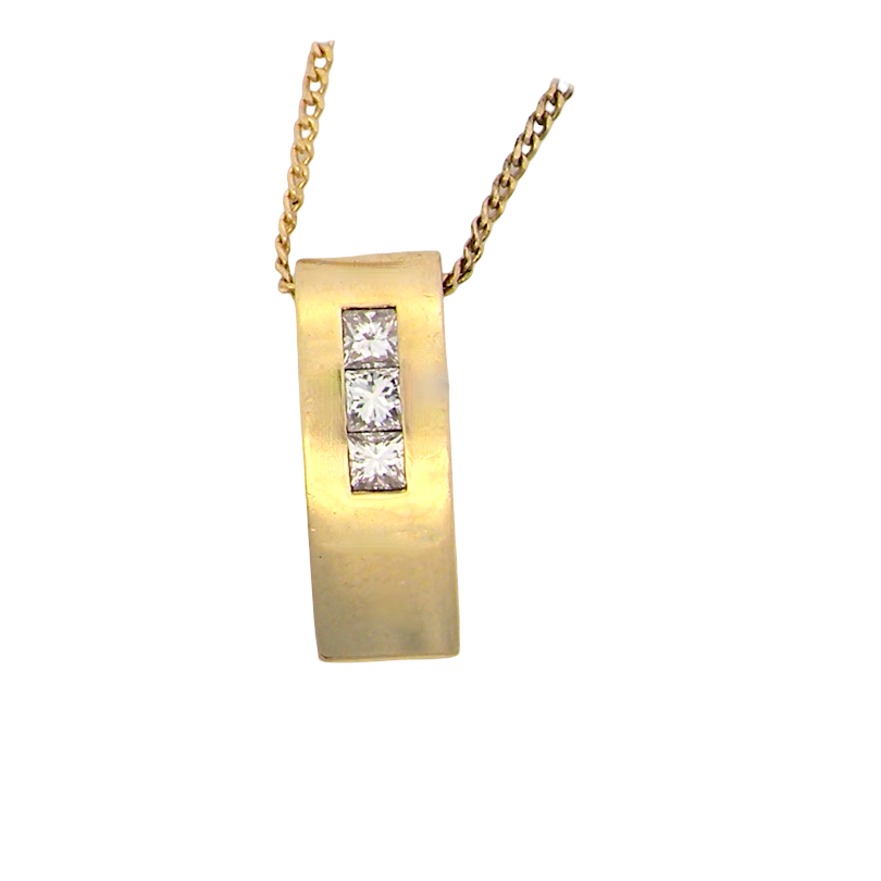 A modern block style pendant. Measures 17x6.3mm. Set with three princess cut white diamonds, close set, each measures 2.75-2.85mm