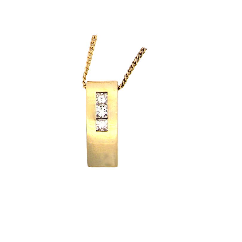 A modern block style pendant. Measures 17x6.3mm. Set with three princess cut white diamonds, close set, each measures 2.75-2.85mm (total est 0.40 carats). 
