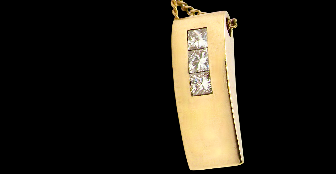 side view A modern block style pendant. Measures 17x6.3mm. Set with three princess cut white diamonds, close set, each measures 2.75-2.85mm (total est 0.40 carats). 