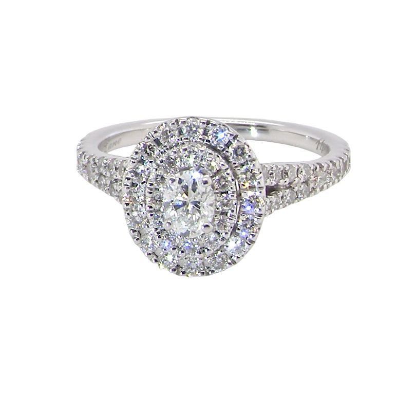 A new diamond cluster ring* An oval diamond halo cluster ring. Set with brilliant cut white diamonds, colour H-k,