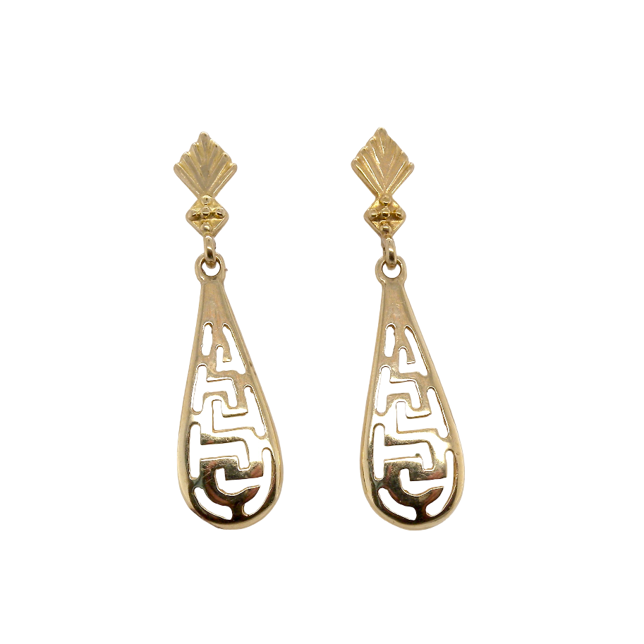 A pair of 9 carat gold drop earrings. Each measures 25x10mm, celtic style
