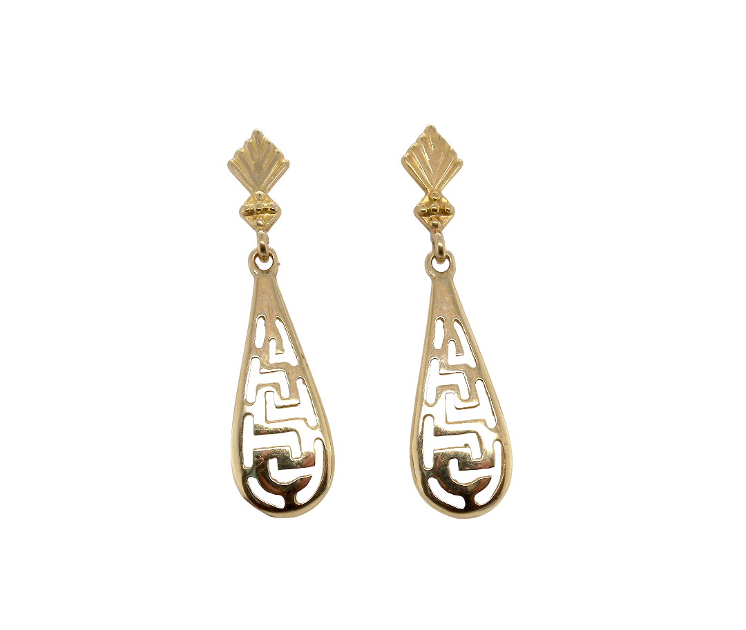 A pair of 9 carat gold drop earrings. Each measures 25x10mm, celtic style