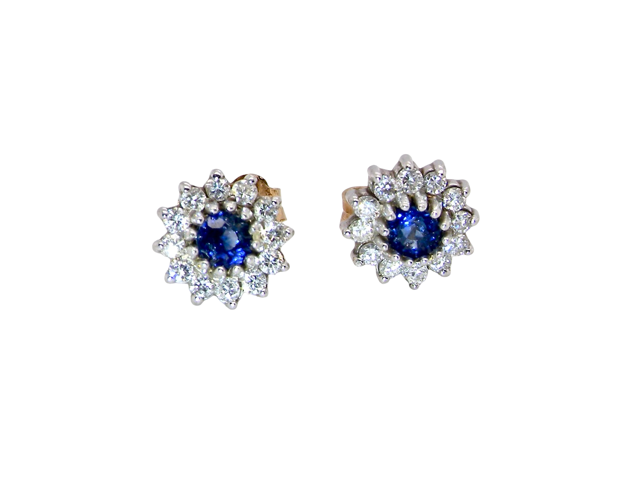 A pair of 9 carat gold earrings, set with a sapphire centre stone,