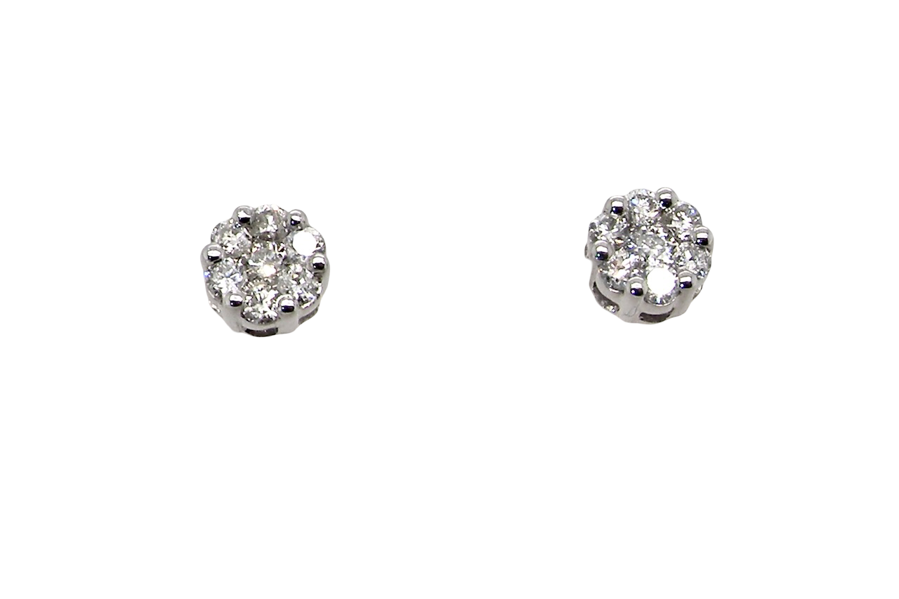 A pair of 9 carat white gold diamond stud earrings.
Set as a cluster