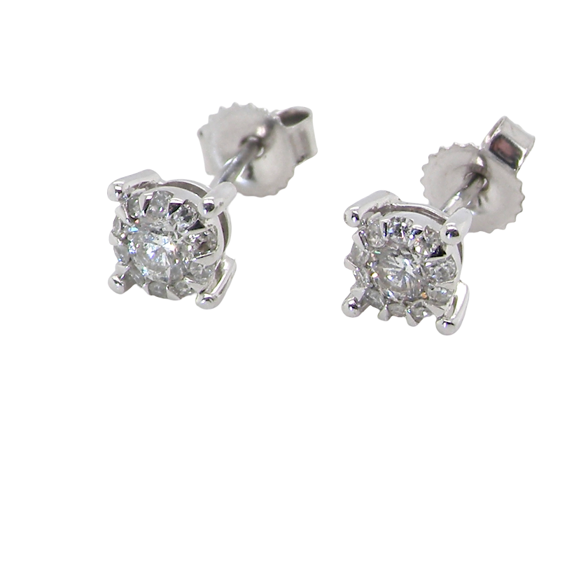 A pair of 9 carat white gold earrings. At first glance the earrings seem to be a single stone, but look closer and it can be seen that they are miniature clusters.