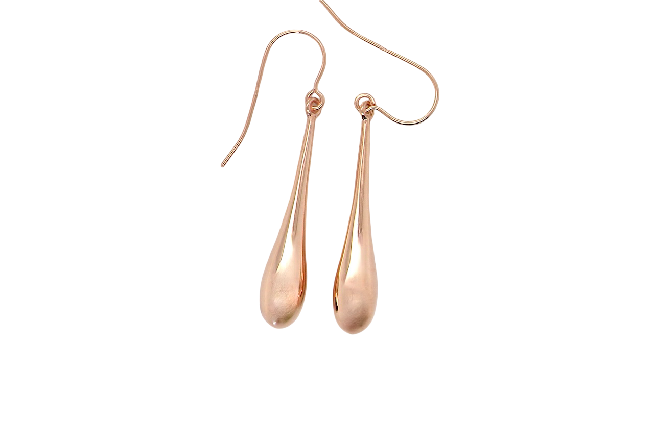 Rose gold teardrop earrings on a white background