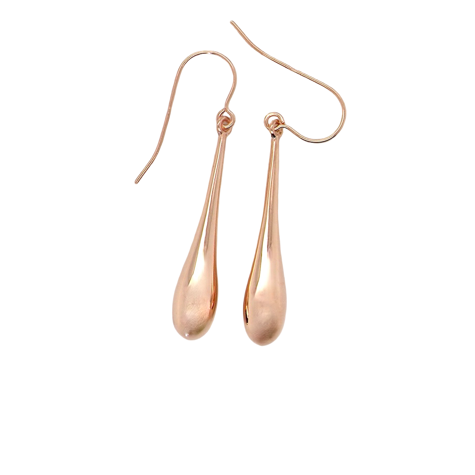 Rose gold teardrop earrings on a white background