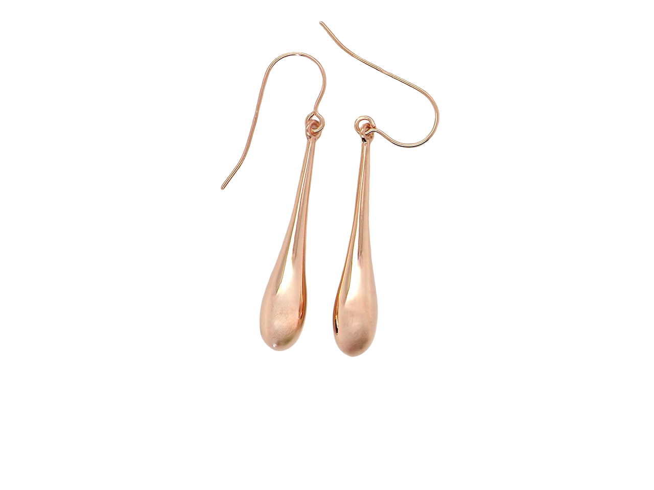 Rose gold teardrop earrings on a white background