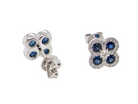 Pair of silver earrings with blue gemstones on a white background
