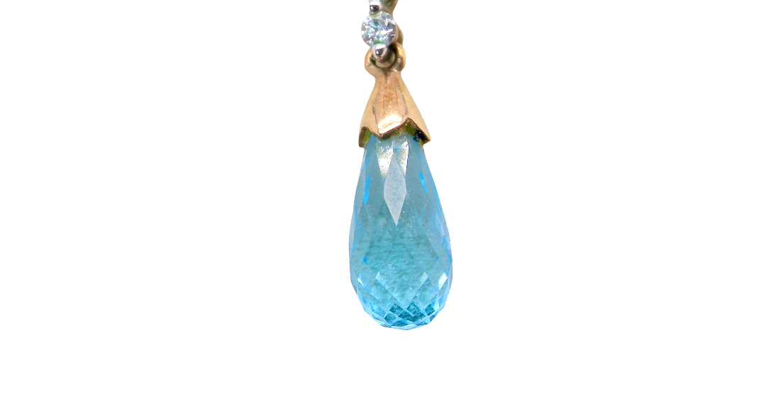 A pendant and earring set. The pendant has a pear shaped facet cut blue topaz 10x5mm.