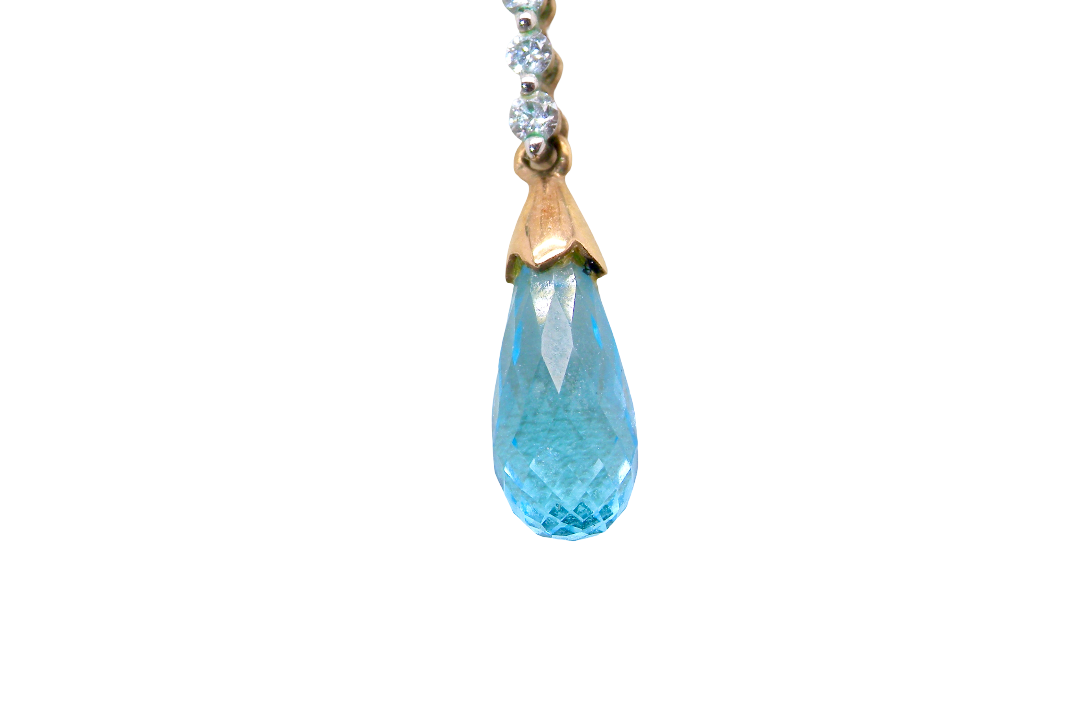 A pendant and earring set. The pendant has a pear shaped facet cut blue topaz 10x5mm.
